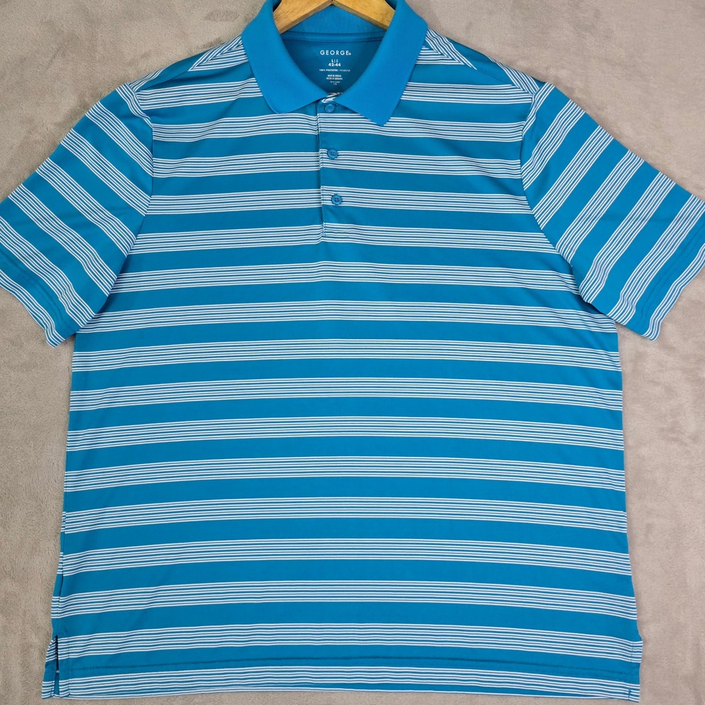 George Mens‎ Aqua Blue Stripe Performance Golf Polo Shirt Large